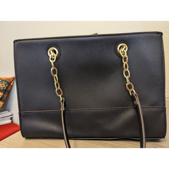 Anne Klein Black Tote Purse Gold Metal Handles Handbag Flat Bottom - Picture 4 of 8